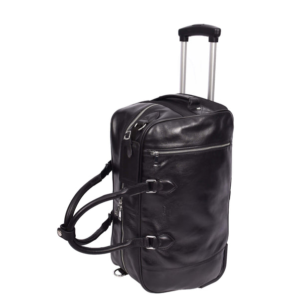 house of leather Genuine Leather Wheeled Holdall Duffel Weekend Overnight Bag Whitby Black