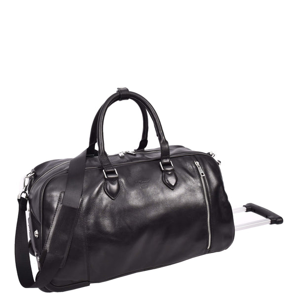 House Of Leather Genuine Leather Wheeled Holdall Duffel Weekend Overnight Bag Whitby Black