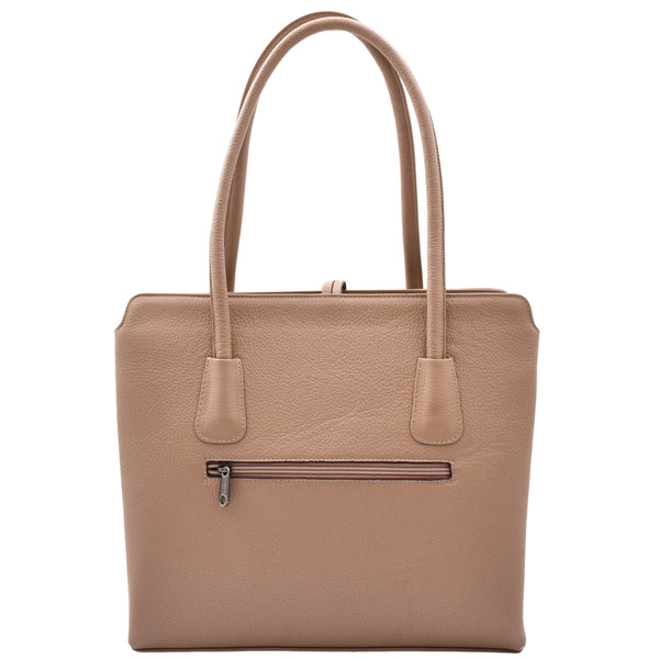 House Of Leather Leather Classic Tote Style Zip Opening Large Shoulder Bag Cynthia Taupe