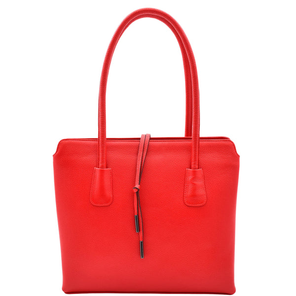house of leather Leather Classic Tote Style Zip Opening Large Shoulder Bag Cynthia Red