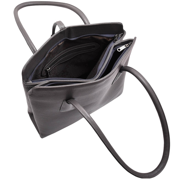 House Of Leather Leather Classic Tote Style Zip Opening Large Shoulder Bag Cynthia Grey