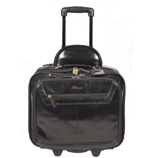 House Of Leather Leather Pilot Case Travel Laptop Bag Wheels HOL15 Black