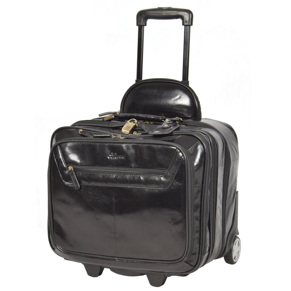 House Of Leather Leather Pilot Case Travel Laptop Bag Wheels HOL15 Black