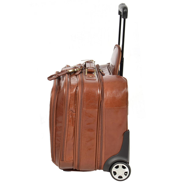 House Of Leather Leather Pilot Case Travel Laptop Bag Wheels HOL15 Chestnut