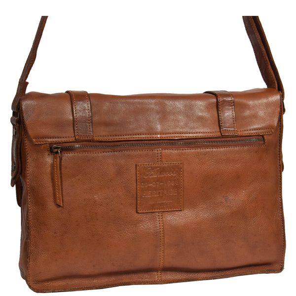 House Of Leather Mens Classic Flap Over Leather Satchel HOL6799 Tan
