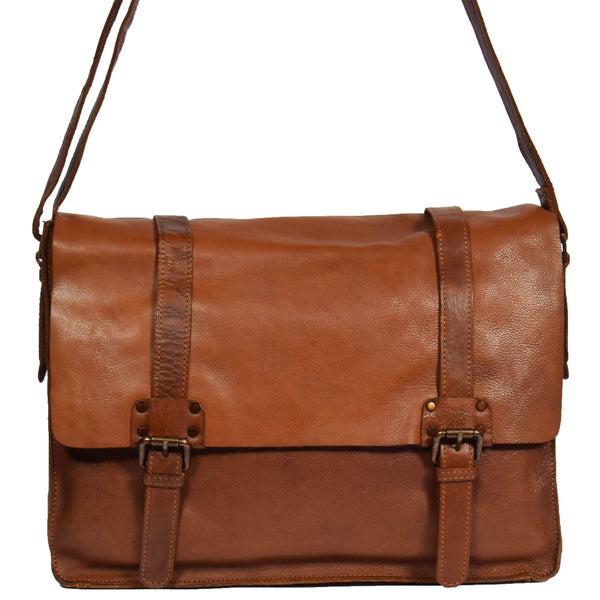 House Of Leather Mens Classic Flap Over Leather Satchel HOL6799 Tan