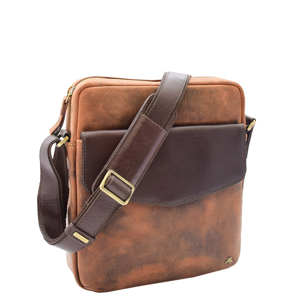 house of leather Mens Hunter Crossbody Bag Organiser Genuine Leather Multi Pockets São Paulo Tan
