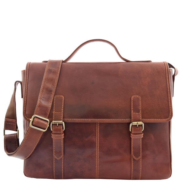 house of leather Mens Leather Cross Body Flap Over Briefcase Marland Brown
