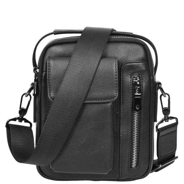 house of leather Mens Leather Small Cross Body Flight Bag Hudson Black