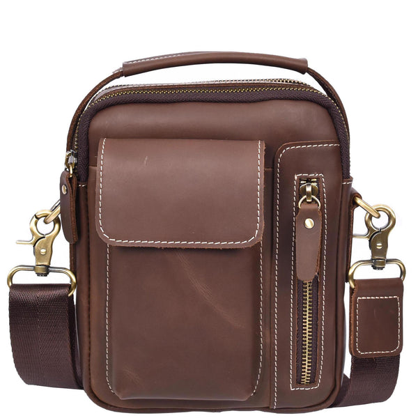 House Of Leather Mens Leather Small Cross Body Flight Bag Hudson Brown Hunter
