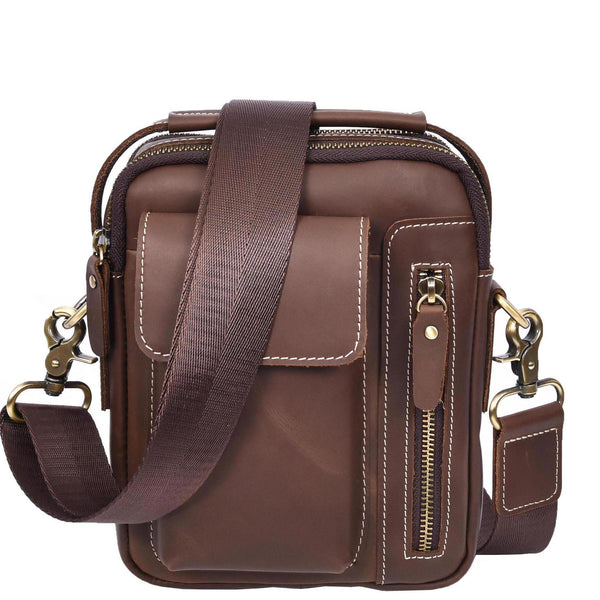house of leather Mens Leather Small Cross Body Flight Bag Hudson Brown Hunter