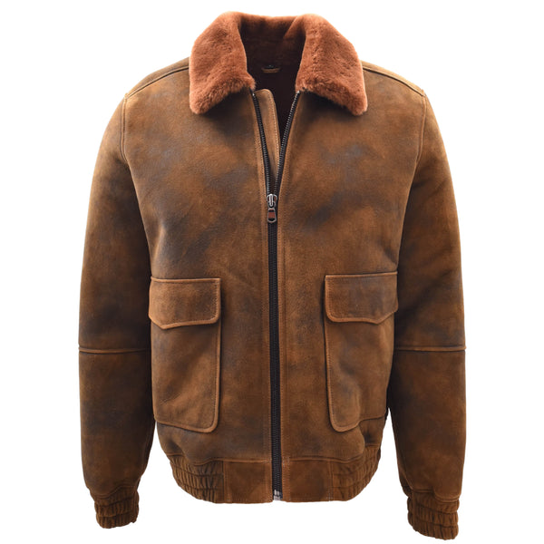 house of leather Mens Original Flying Sheepskin Bomber Brown Ginger Shearling Jacket Curtis