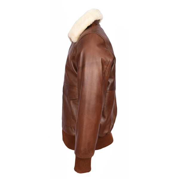 House Of Leather Mens Premium Leather Aviator Bomber Jacket Detachable Collar G-1 Pilot Style Luca Tan