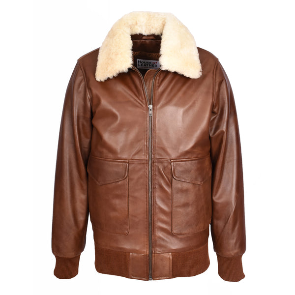 house of leather Mens Premium Leather Aviator Bomber Jacket Detachable Collar G-1 Pilot Style Luca Tan