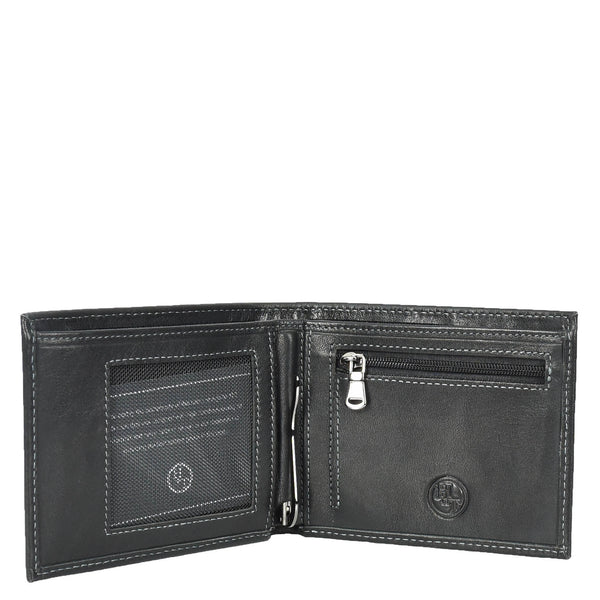 House Of Leather Mens Premium Leather Bi-Fold Wallet ID Coins Banknotes Clip Holder Byala Black