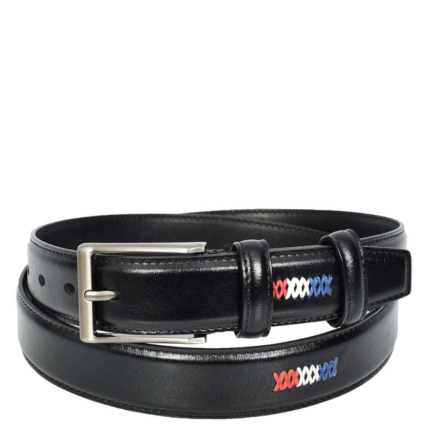 house of leather Mens Premium Leather Buckle Belt With Stitch Details Adjustable Casual Style Uluru Black