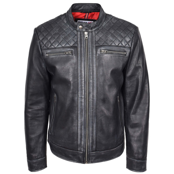 house Of Leather Mens Real Leather Biker Jacket Cafe Racer Style Dommo Black