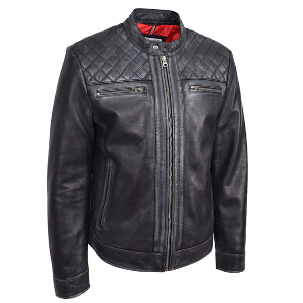 house Of Leather Mens Real Leather Biker Jacket Cafe Racer Style Dommo Black