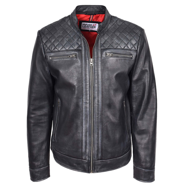 house of leather Mens Real Leather Biker Jacket Cafe Racer Style Dommo Black