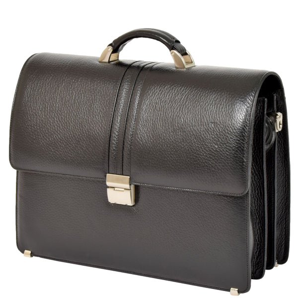 House Of Leather Mens Real Leather Briefcase Classic Bag Organiser Carter Black