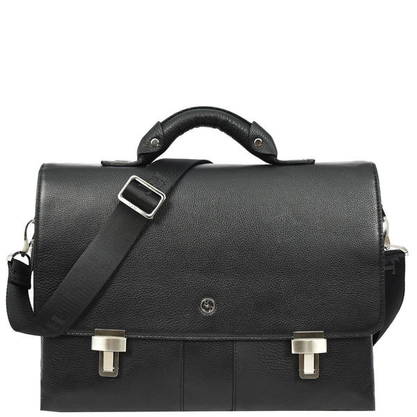 house of leather Mens Real Leather Briefcase Cross Body Organiser Work Office Messenger Bag Benin Black