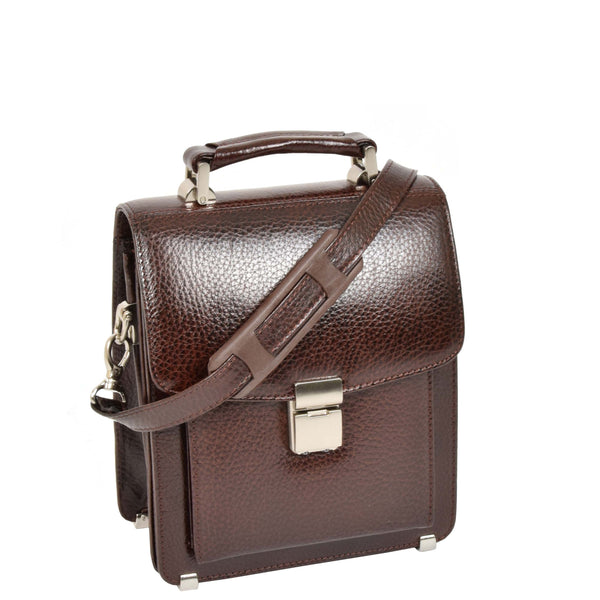 house of leather Mens Real Leather Briefcase Style Crossbody Flight Messenger Bag Drew Brown