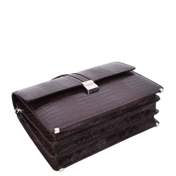 House Of Leather Mens Real Leather Croc-Print Briefcase Classic Bag Organiser Messenger Carter Brown