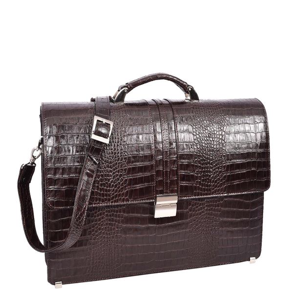 house of leather Mens Real Leather Croc-Print Briefcase Classic Bag Organiser Messenger Carter Brown