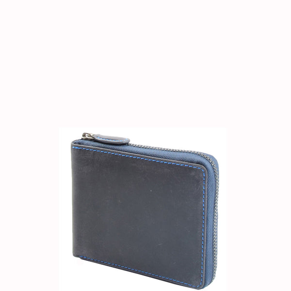 House Of Leather Mens Real Leather Hunter Zip Oiled Leather Wallet RFID HOL2207 Blue