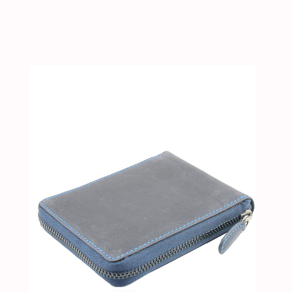 House Of Leather Mens Real Leather Hunter Zip Oiled Leather Wallet RFID HOL2207 Blue