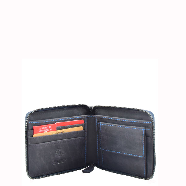 House Of Leather Mens Real Leather Hunter Zip Oiled Leather Wallet RFID HOL2207 Blue