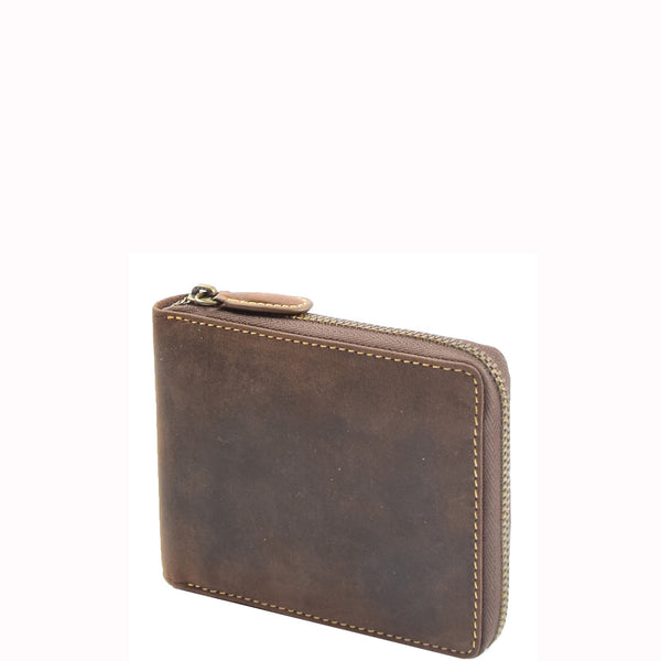 House Of Leather Mens Real Leather Hunter Zip Oiled Leather Wallet RFID HOL2207 Brown