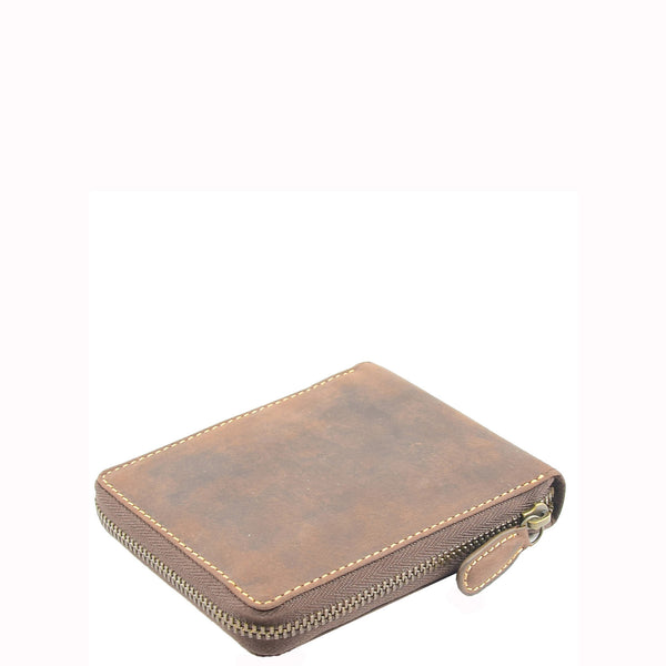 House Of Leather Mens Real Leather Hunter Zip Oiled Leather Wallet RFID HOL2207 Brown