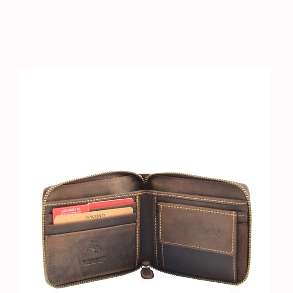 House Of Leather Mens Real Leather Hunter Zip Oiled Leather Wallet RFID HOL2207 Brown
