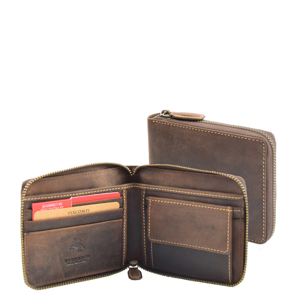 house of leather Mens Real Leather Hunter Zip Oiled Leather Wallet RFID HOL2207 Brown