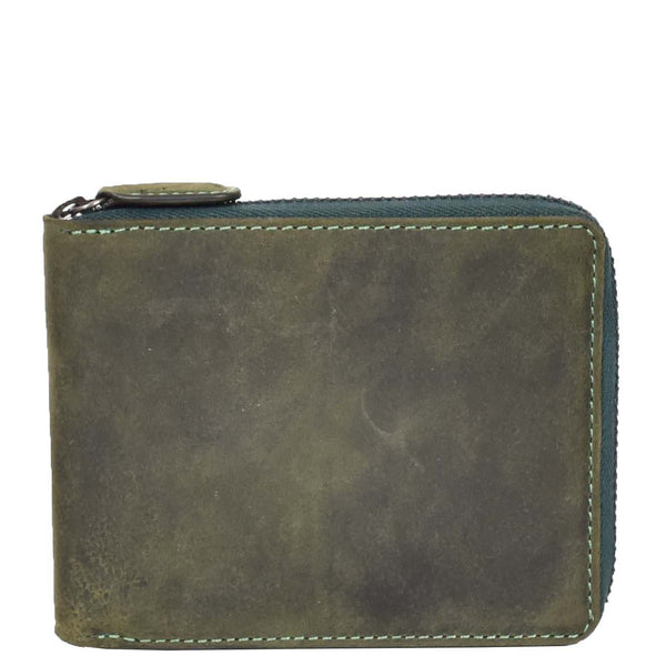 House Of Leather Mens Real Leather Hunter Zip Oiled Leather Wallet RFID HOL2207 Green