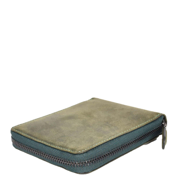 House Of Leather Mens Real Leather Hunter Zip Oiled Leather Wallet RFID HOL2207 Green