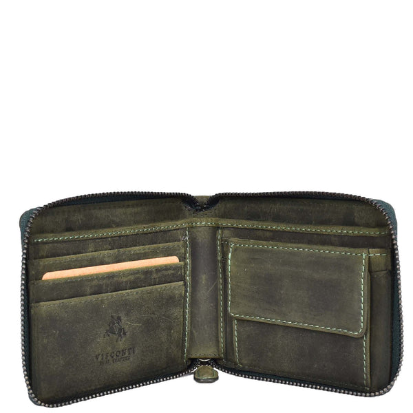 House Of Leather Mens Real Leather Hunter Zip Oiled Leather Wallet RFID HOL2207 Green