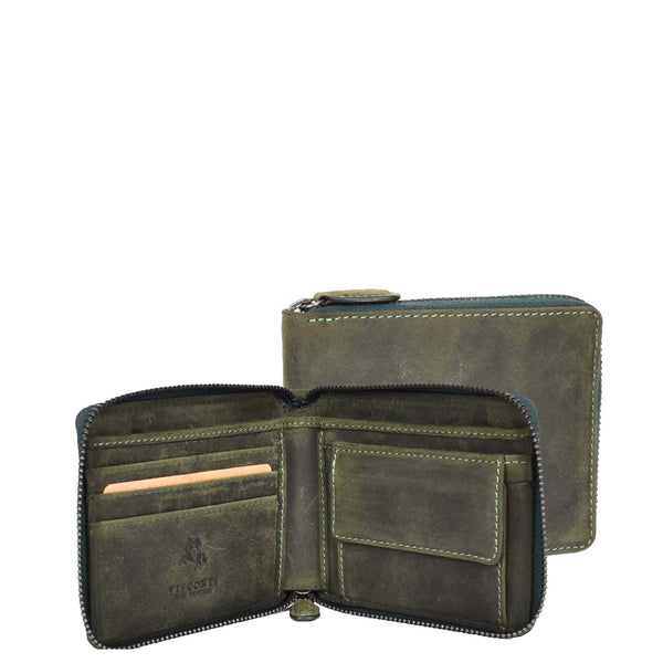 house of leather Mens Real Leather Hunter Zip Oiled Leather Wallet RFID HOL2207 Green