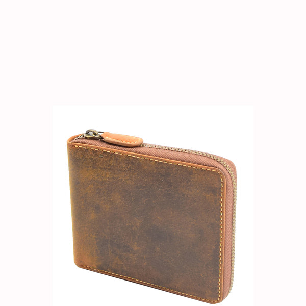 House Of Leather Mens Real Leather Hunter Zip Oiled Leather Wallet RFID HOL2207 Tan