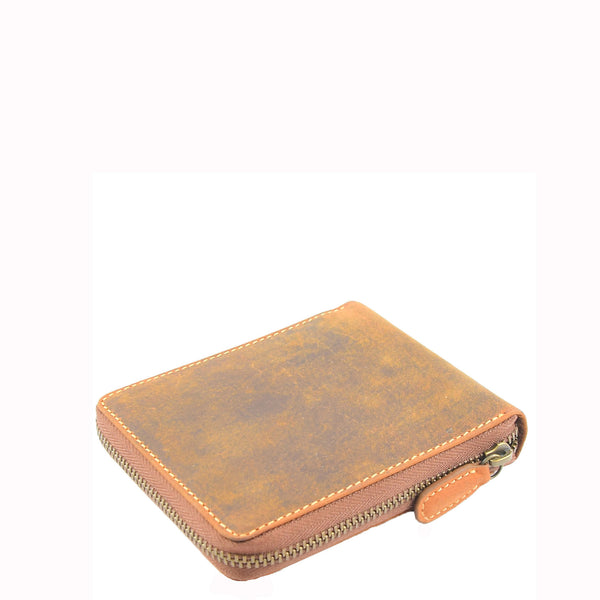 House Of Leather Mens Real Leather Hunter Zip Oiled Leather Wallet RFID HOL2207 Tan