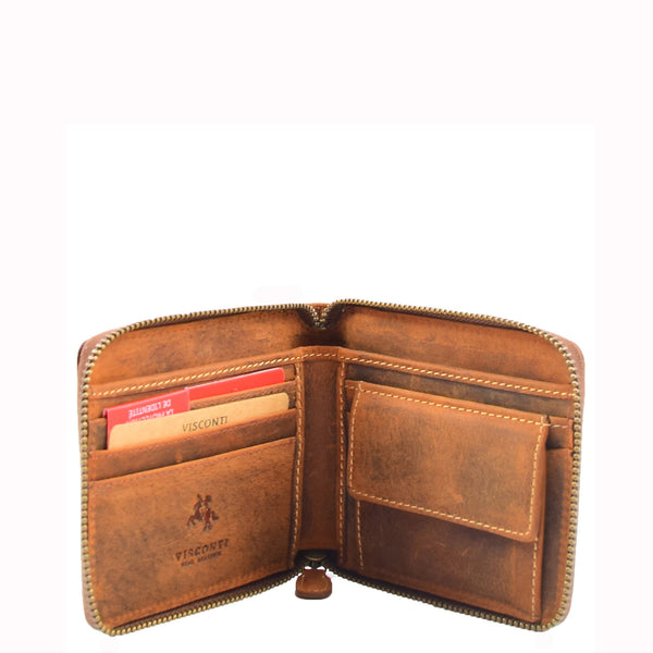 House Of Leather Mens Real Leather Hunter Zip Oiled Leather Wallet RFID HOL2207 Tan