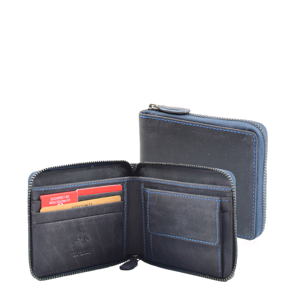 house of leather Mens Real Leather Hunter Zip Oiled Leather Wallet RFID HOL2207 Blue