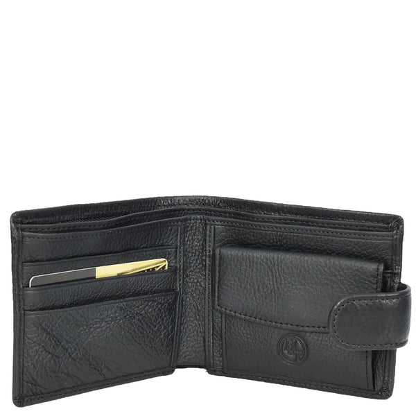 House Of Leather Mens Real Leather Mid Size Bifold Wallet Multi-Pockets Coins Cards Notes Style Tempe Black