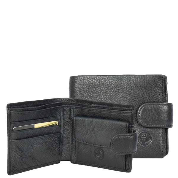 house of leather Mens Real Leather Mid Size Bifold Wallet Multi-Pockets Coins Cards Notes Style Tempe Black