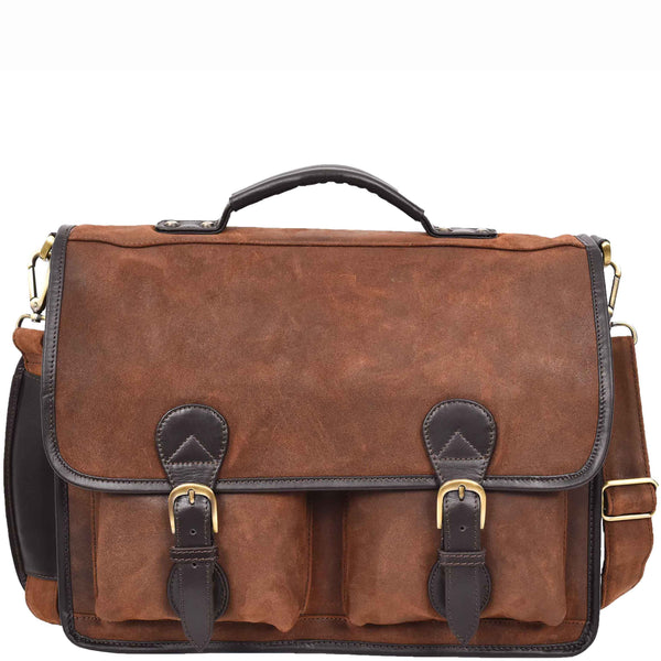 House Of Leather Mens Real Leather Organiser Laptop Bag Vintage Brown Briefcase Finn