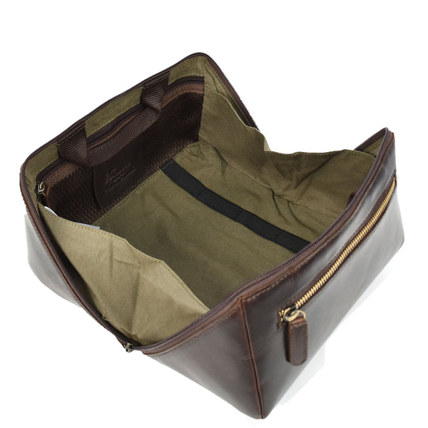 House Of Leather Mens Real Leather Toiletries Wash Shaving Bag Travel Pouch Tripper Brown