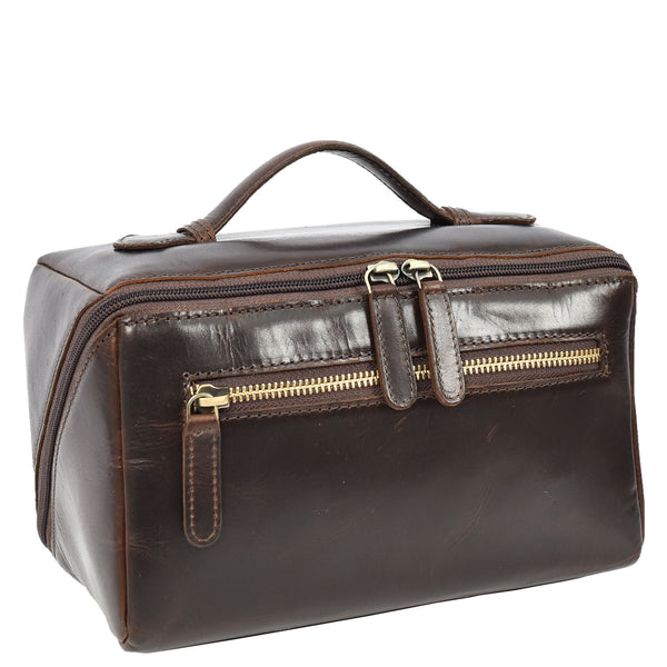 house of leather Mens Real Leather Toiletries Wash Shaving Bag Travel Pouch Tripper Brown