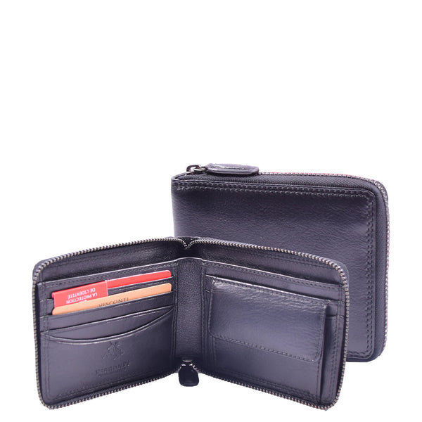 house of leather Mens Real Leather Zip Round Wallet RFID HOL414 Black