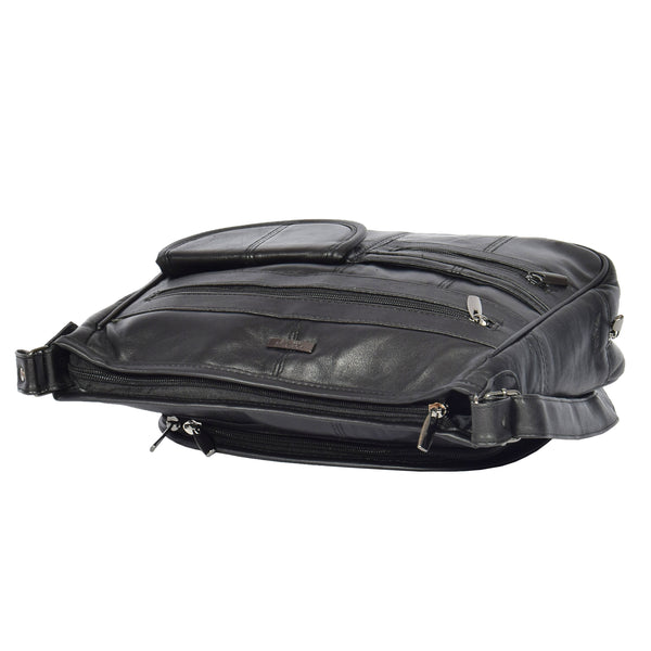 House Of Leather Multi Pocket Leather Shoulder Bag HOL998 Black